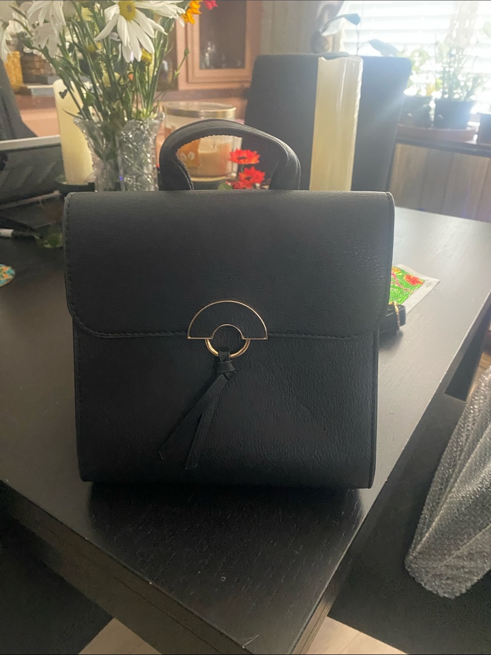 Elegant Black Top-Handle Satchel small backpack with Gold Accent
